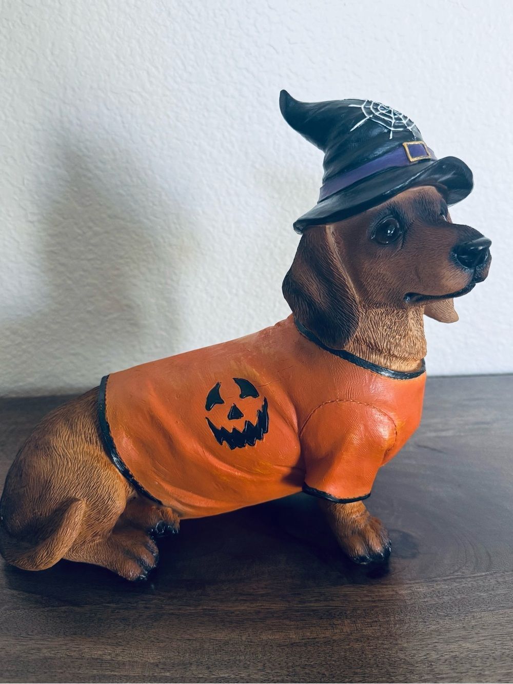 Halloween Dachshund Witch Pumpkin Dog Statue Decor